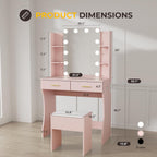 Otterease 31" Makeup Vanity Desk with LED Mirror and Storage Stool, Pink | Charging Station, 3‑Color Light, 2 Drawers and 4 Open Shelves Provide Organized Storage for Cosmetics and Beauty Essentials