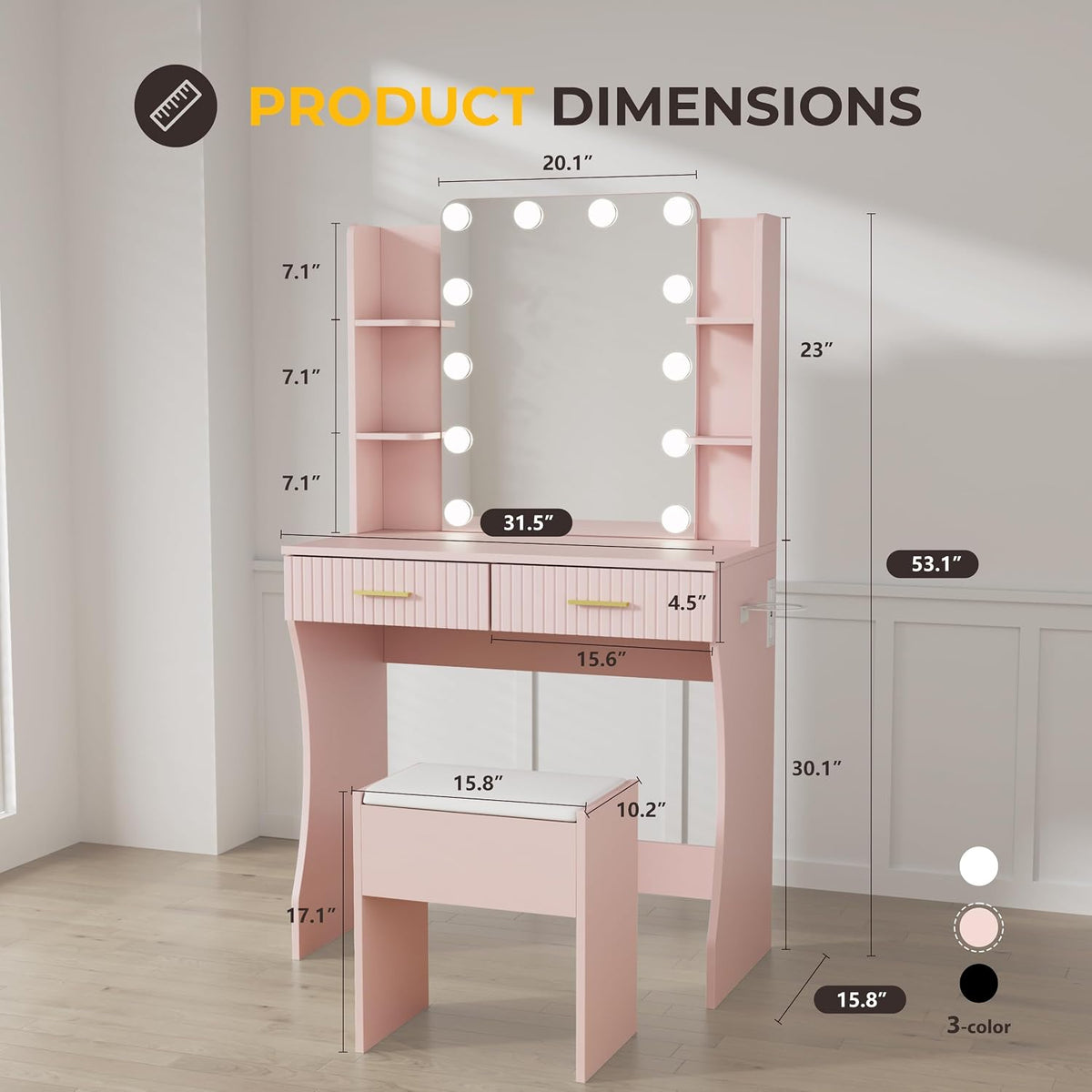 Otterease 31" Makeup Vanity Desk with LED Mirror and Storage Stool, Pink | Charging Station, 3‑Color Light, 2 Drawers and 4 Open Shelves Provide Organized Storage for Cosmetics and Beauty Essentials