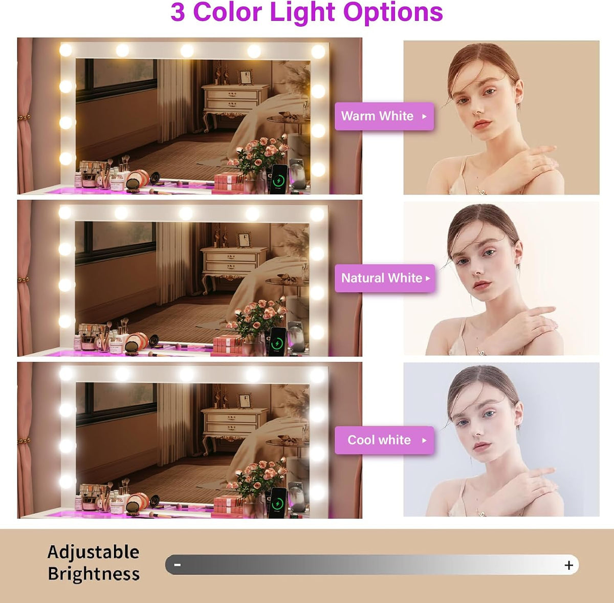 CollaredEagle 45" Large White Vanity Desk with Vibrant RGB Lighting. | 11 Hollywood Style Bulbs, 11 Drawers, Power Outlet, Hair Dryer Holder, Cushioned Stool, Tempered Glass