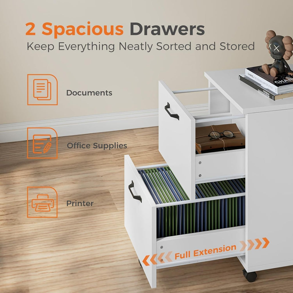 Simple Deluxe 2 Drawer Filing Cabinet, Wood Rolling Filing Cabinets with Printer Stand, Under Desk Storage Lockable Wheels, Home Office Organizer for A4 Letter Legal Size Documents,White