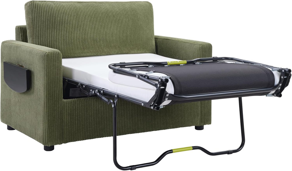 Twin Size Sofa Bed 47.2" Sleeper Sofa Loveseat Sofa with a Foldable Mattress, a Foldable Side Table, a Side Storage Pocket and Two USB Ports for Living Room, Green
