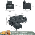 79" Convertible Sectional Sofa Set, Modern Linen Small L Shaped Couch with Reversible Ottoman and Accent Chair, 3-Seat Sofa Couches for Living Room, Office, Apartment, Dark Grey