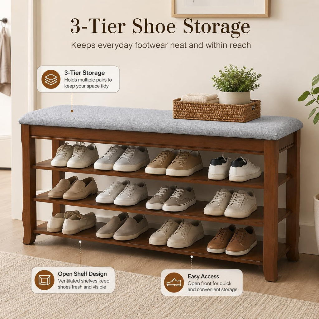 SolidWood Entryway Shoe Rack Storage Bench, Flip-Top Soft-Close Lid, 39.4'' | 550 lbs Max Load, Adjustable Shelves, Cushioned Entryway Shoe Organizer for Closet, Hallway, Foyer