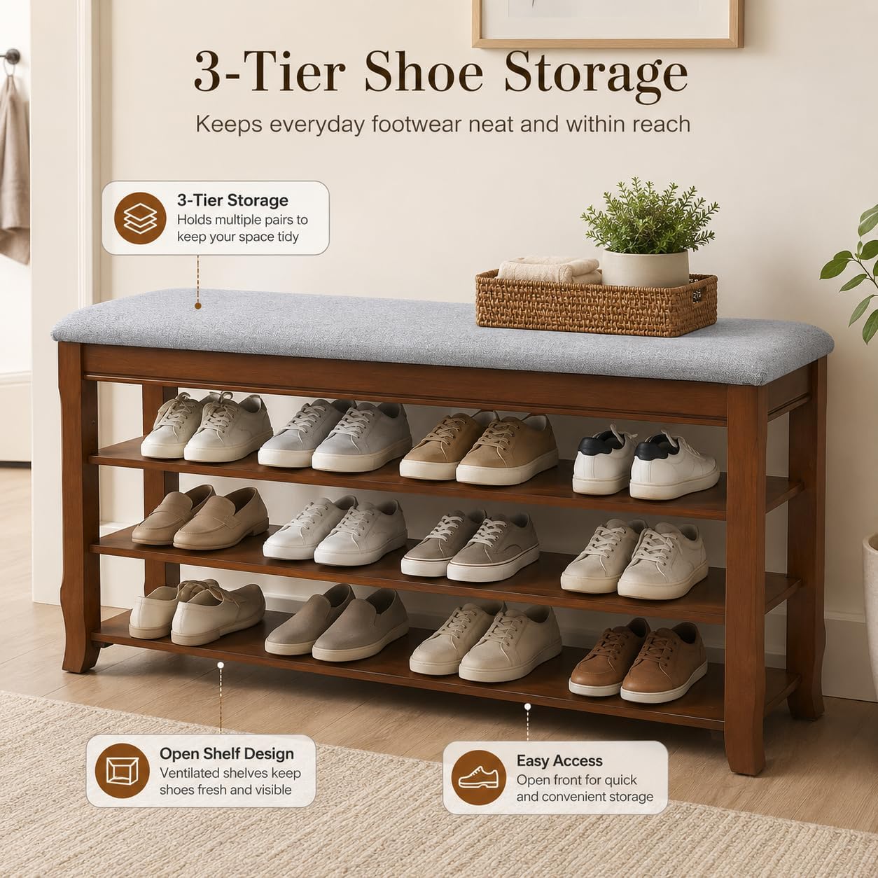 SolidWood Entryway Shoe Rack Storage Bench, Flip-Top Soft-Close Lid, 39.4'' | 550 lbs Max Load, Adjustable Shelves, Cushioned Entryway Shoe Organizer for Closet, Hallway, Foyer