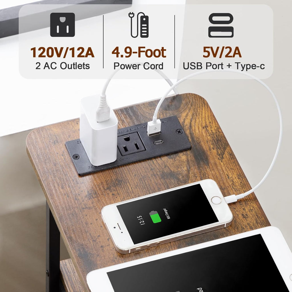 LOAKEKEL Narrow End Tables Living Room Set of 2 with Charging Station, Skinny Side Table with Fabric Drawers, Slim Nightstand for Bedroom, Small Spaces, Couch, Brown, HETNDP03BR