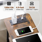 LOAKEKEL Narrow End Tables Living Room Set of 2 with Charging Station, Skinny Side Table with Fabric Drawers, Slim Nightstand for Bedroom, Small Spaces, Couch, Brown, HETNDP03BR
