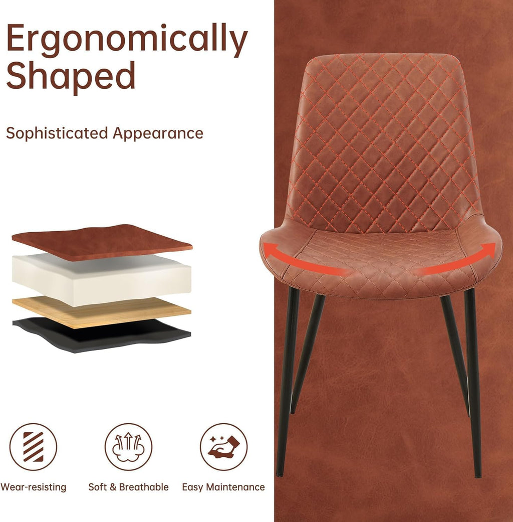 PU Leather Dining Chairs Set of 6, Modern Armless Dining Room Chairs, Comfy Upholstered Kitchen Chairs with Backrest, Black Metal Legs for Living Room, Dinning Room, Brown