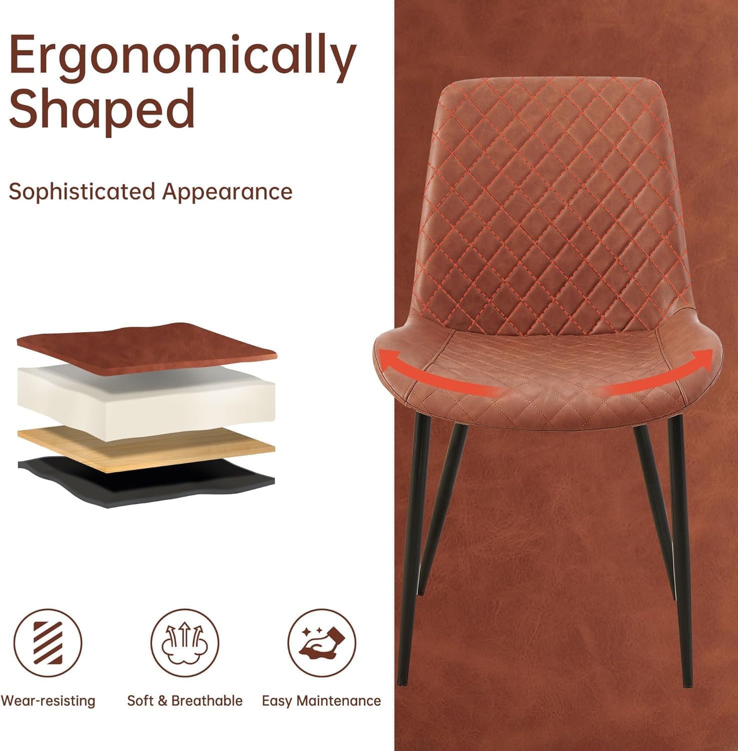 PU Leather Dining Chairs Set of 6, Modern Armless Dining Room Chairs, Comfy Upholstered Kitchen Chairs with Backrest, Black Metal Legs for Living Room, Dinning Room, Brown