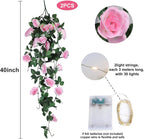 RECUTMS Hanging Flowers Artificial Rose Flower 2PCS 3.3Ft for Outdoors with 30 LED Fairy String Lights Fake Outdoor (Pink)