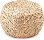 Small Straw Pouf Ottoman, Low Natural Footrest, Dia: 12.2" | Natural, Eco-friendly, Lightweight, Anti-Slip, Breathable, Boho Tatami Footstool for Living Room Bedroom Patio
