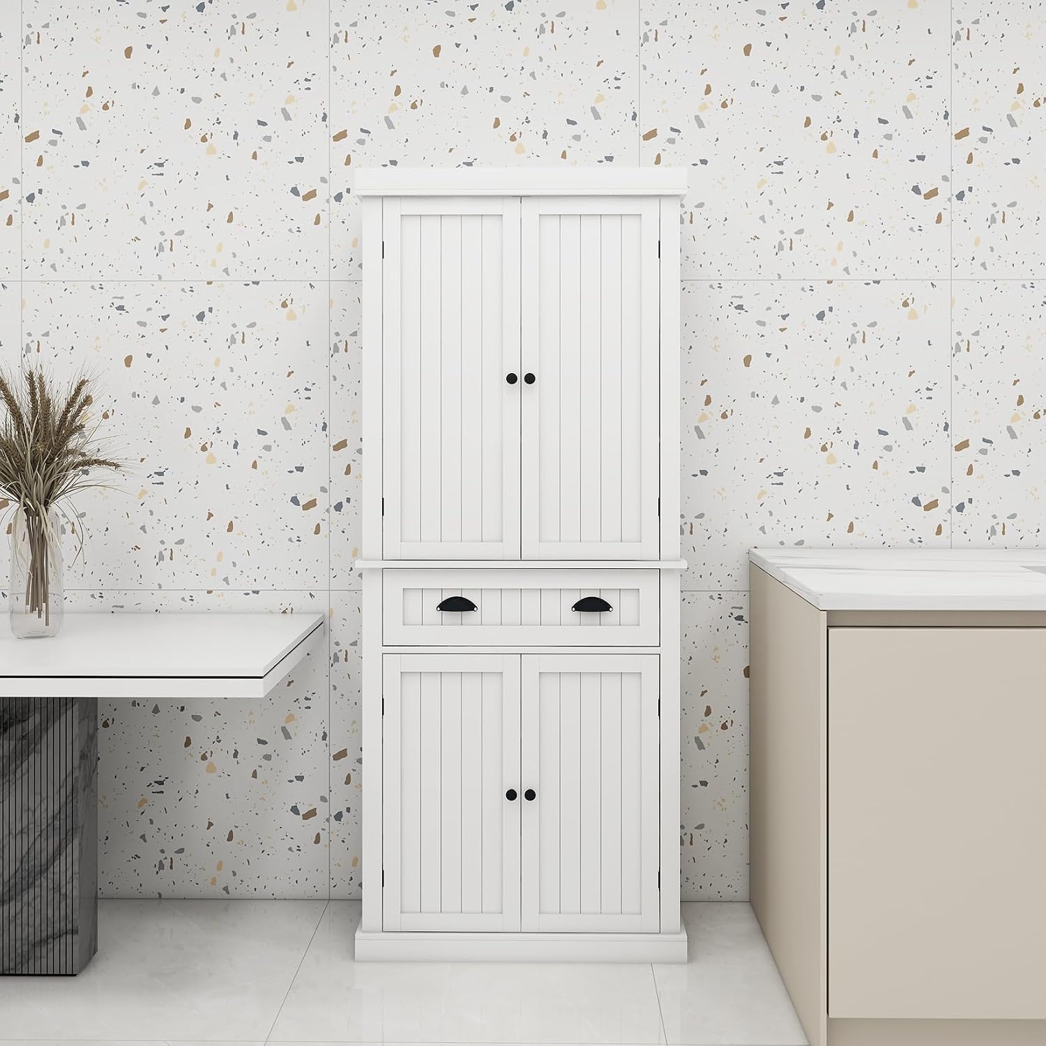 71.61" Kitchen Pantry Cabinet, Tall Storage Cabinet with 4 Doors and 1 Drawer, Freestanding Wood Kitchen Cabinet Cupboard with Adjustable Shelves for Kitchen, Dining Room, Living Room, White A