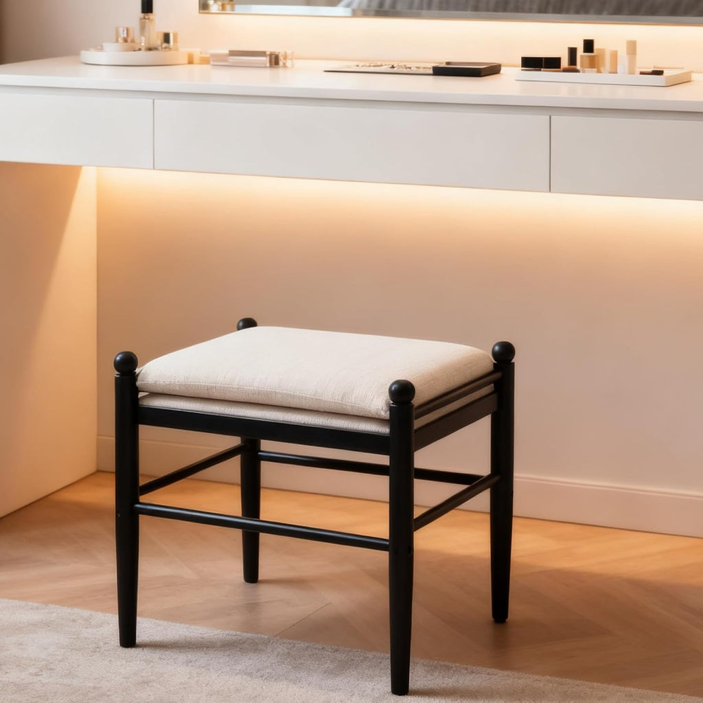 Ottoman Footrest, 19 Inch Upholstered Vanity Bench Seat, Backless Makeup Stool with Solid Wood Legs for Dining Room/Bedroom/Living Room/Entryway,Black Frame/White Linen