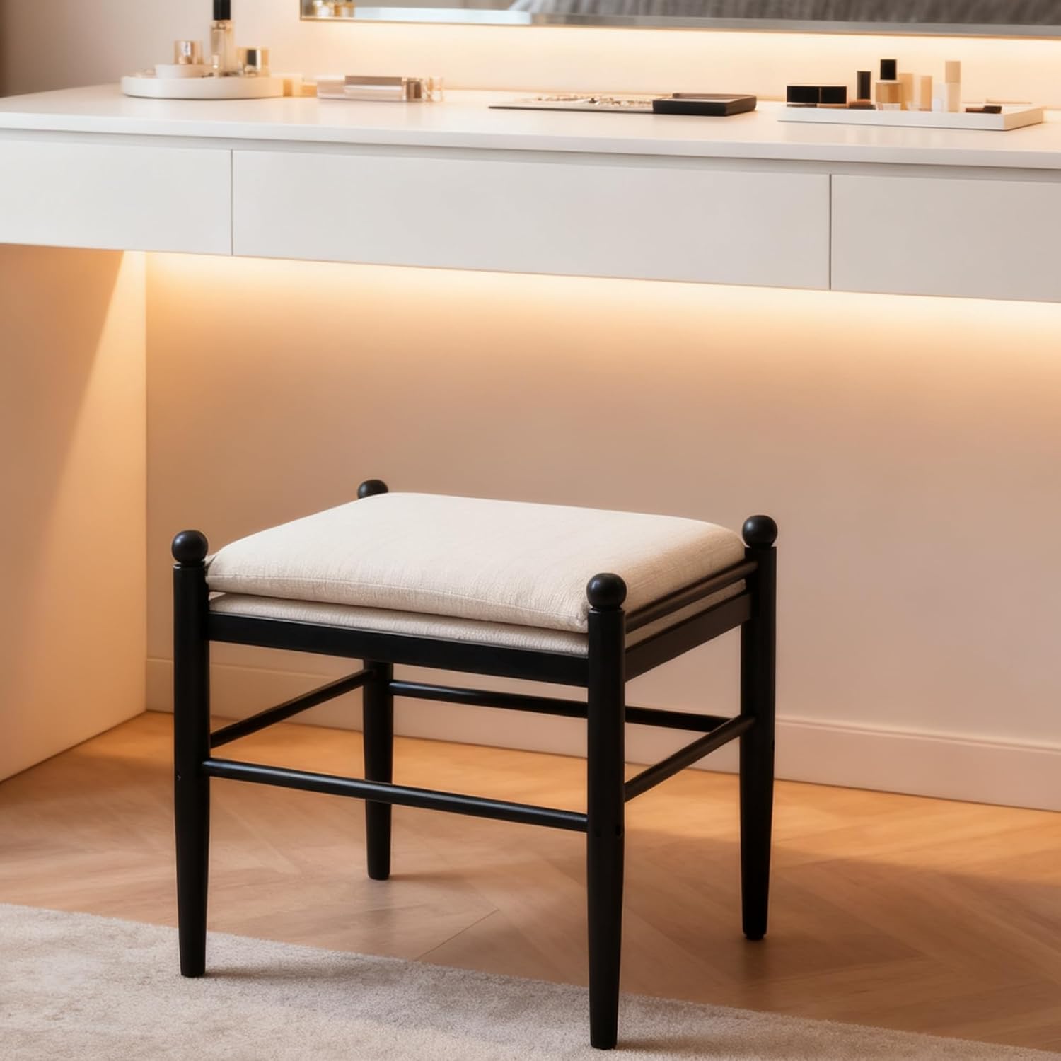 Ottoman Footrest, 19 Inch Upholstered Vanity Bench Seat, Backless Makeup Stool with Solid Wood Legs for Dining Room/Bedroom/Living Room/Entryway,Black Frame/White Linen