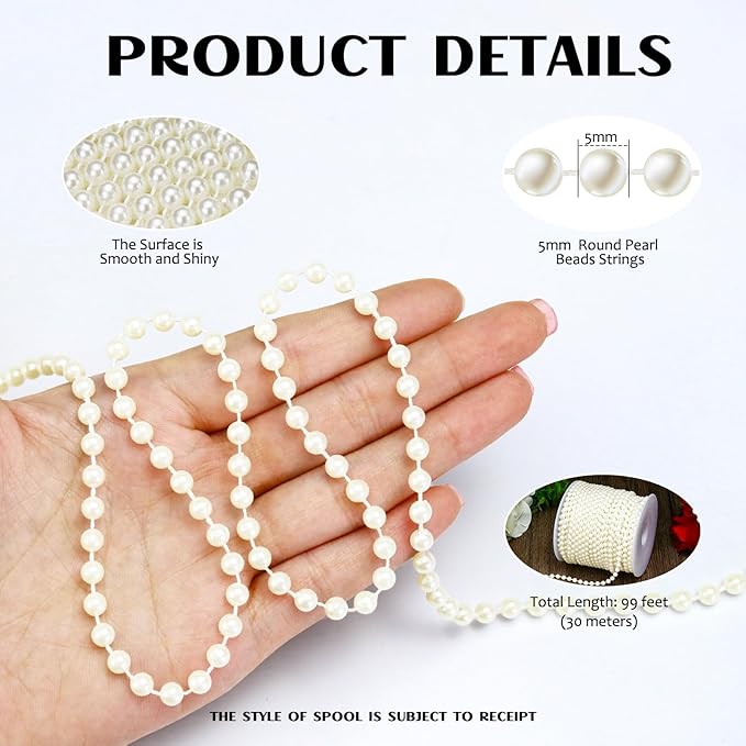 99 Feet 5mm Faux Pearl Strings Garland Artificial Pearl Beaded Trim Chain Strands for Crafting Wedding Centerpieces Bouquet Party Decoration Christmas Tree Garland, Ivory