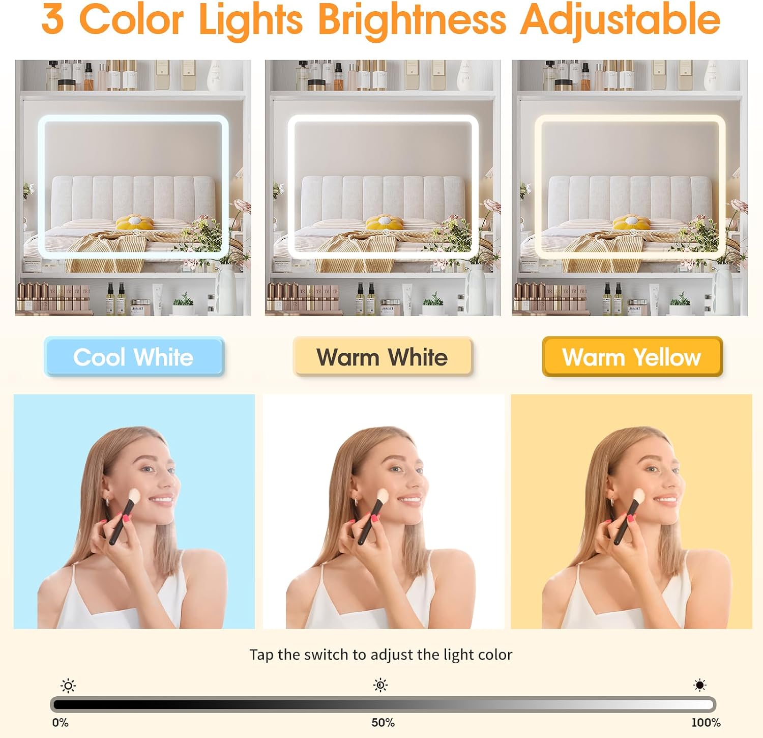 Make Up Vanity Desk with Mirror and Lights,Small Vanity With Storage Chair | White Vanity Table Set with Charger Station