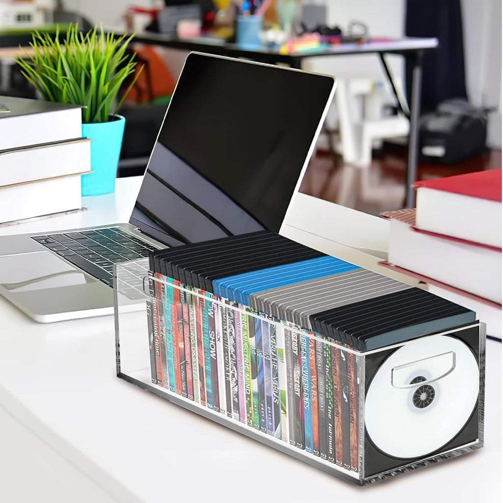 Frcctre 2 Pack Acrylic DVD/CD Storage Box, Clear DVD Holder Case with Handles, Stackable Storage Container Shelf Organizer Bin for CDs, Video Games, Blu-ray, Books, Home, Office