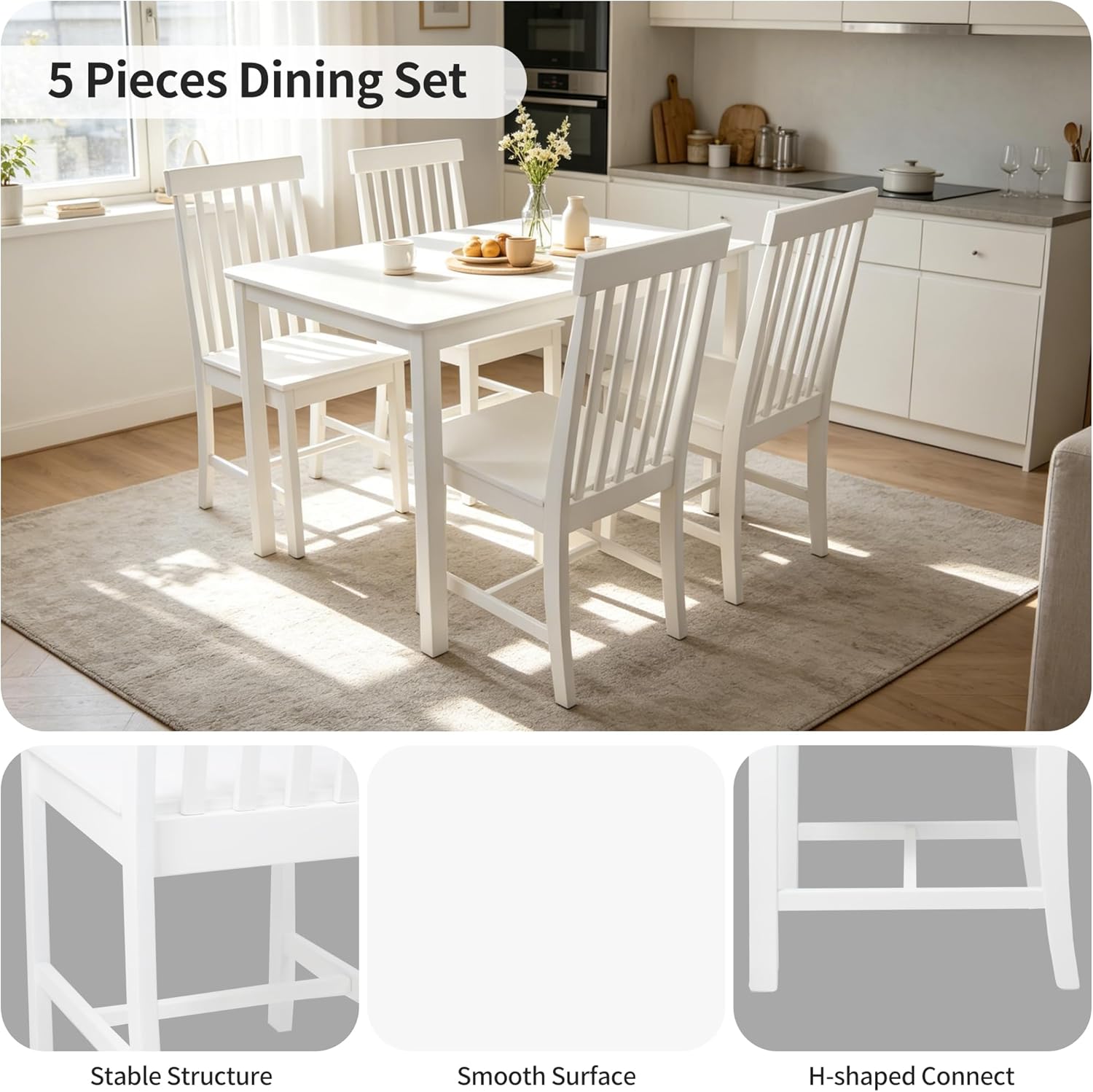 DUHOME 5-Piece Solid Wood Dining Table Set for 4, Farmhouse Kitchen Table Chairs Set of 4,Table and 4 Chairs Set for Small Space&Apartment, Dining Room, Breakfast Nook,White