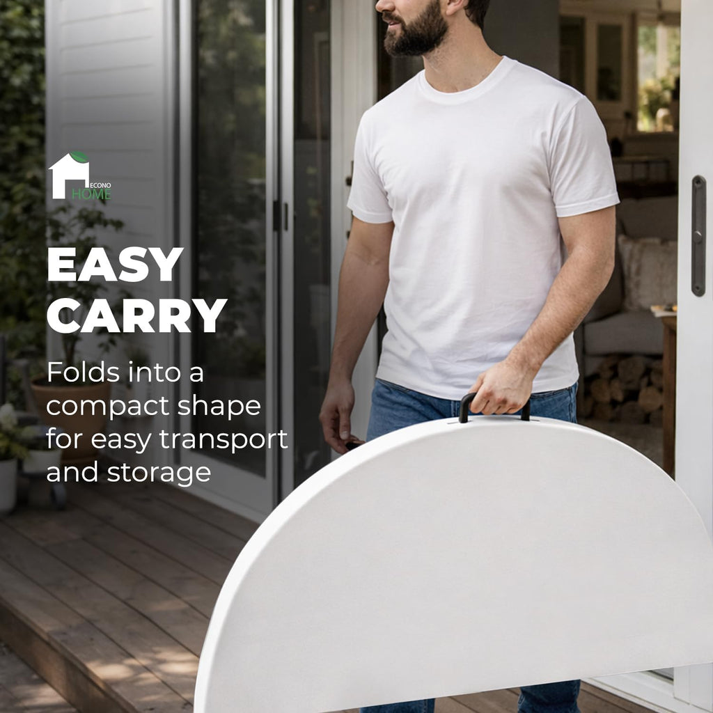 EconoHome 4 Ft Round Portable Folding Table – Heavy-Duty White Plastic, Seats 6, Folding for Space-Saving Storage & Transport – Ideal for Indoor/Outdoor Dining, Parties, Events, and More