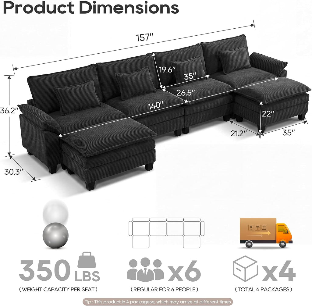 URRED Oversized Modular Sectional Sofa，Solid Black：157" U Shaped | Modern Comfy Cloud Couch with Movable Ottoman and Pillow, Deep Seat Couches for Living Room, Bedroom or Apartment