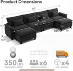 URRED Oversized Modular Sectional Sofa，Solid Black：157" U Shaped | Modern Comfy Cloud Couch with Movable Ottoman and Pillow, Deep Seat Couches for Living Room, Bedroom or Apartment