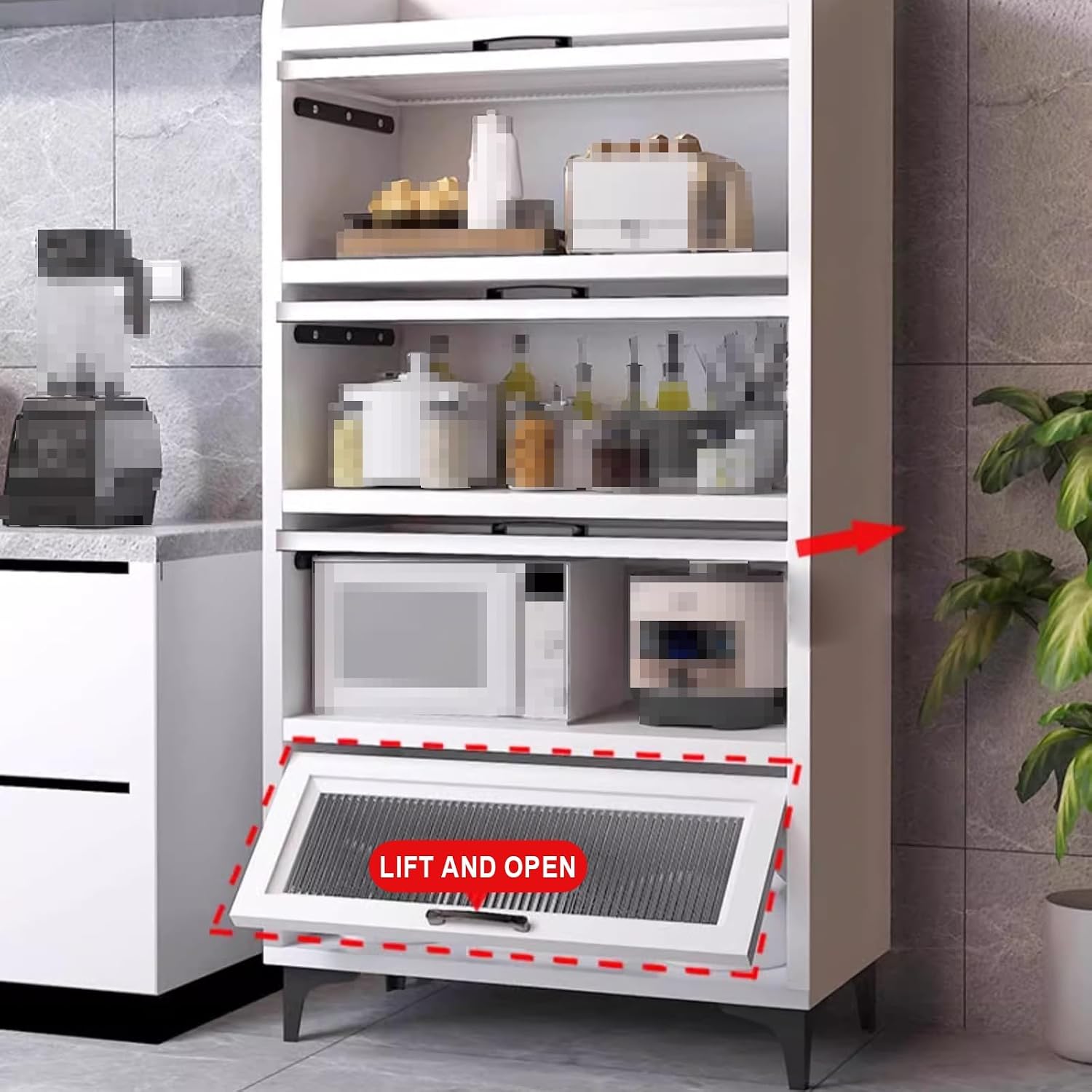 Kitchen Pantry Storage Cabinet E1 Grade Environmental Protection Board Concealed Flip-up Glass Cabinet Doors, for Kitchen Dining Room Living Room(Ash Gray,60cm*40cm*169cm)