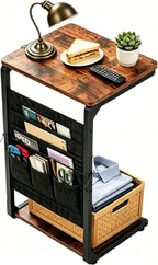 Wood Pedestal TV Trays for Eating on Couch, C Shaped End Table for Couch Side Tables that Slide Under, Sofa Arm Recliner Chair Dinner Table, Small TV Tray Over the Couches Stand, Living Room ET-P-BRW1