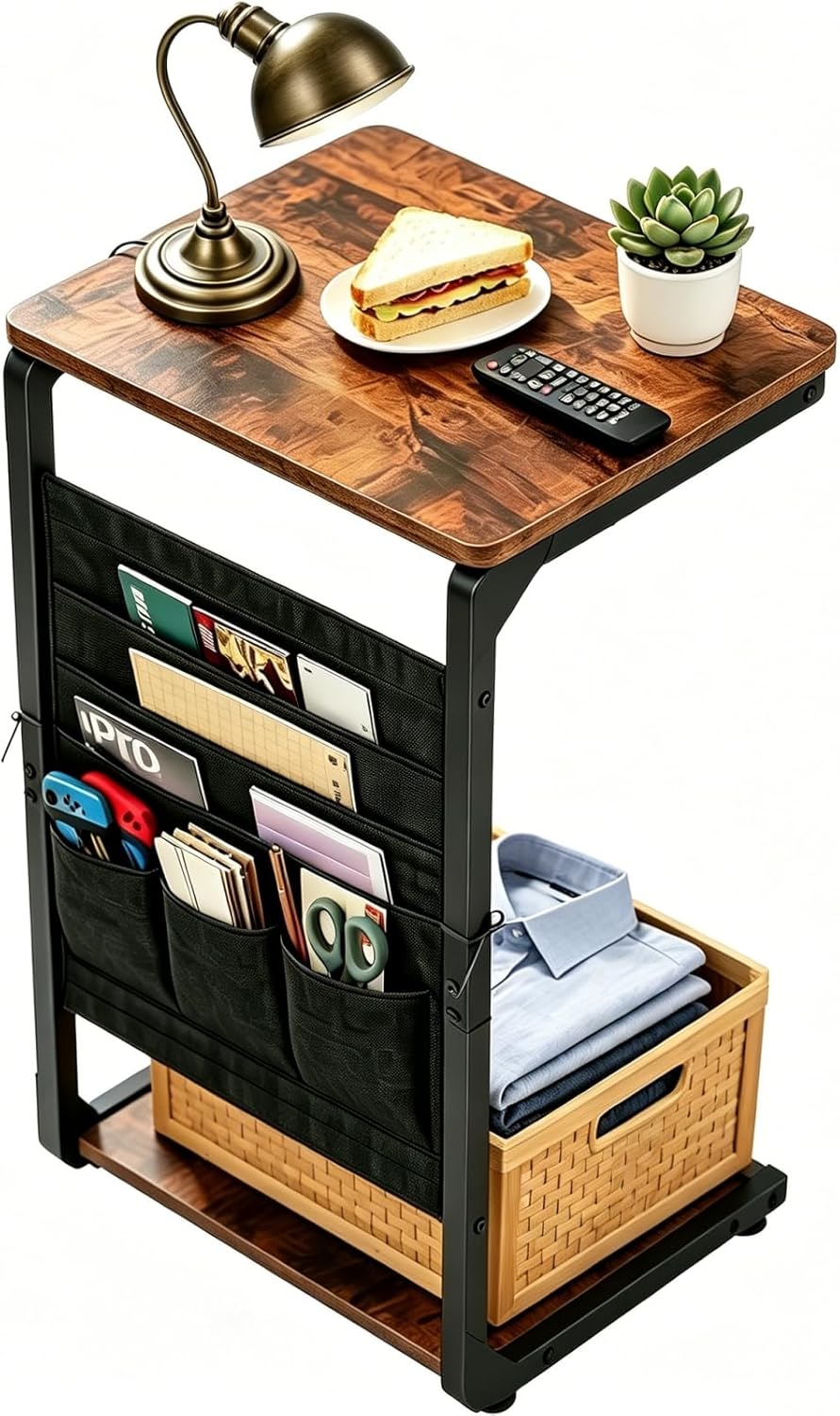 Wood Pedestal TV Trays for Eating on Couch, C Shaped End Table for Couch Side Tables that Slide Under, Sofa Arm Recliner Chair Dinner Table, Small TV Tray Over the Couches Stand, Living Room ET-P-BRW1