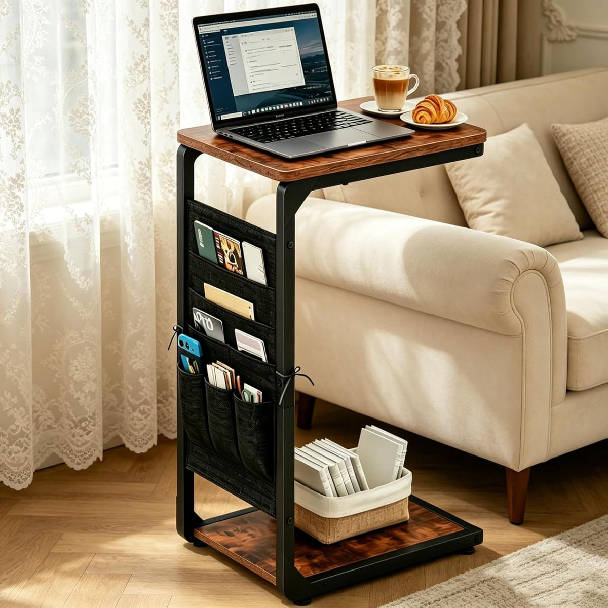 Wood Pedestal TV Trays for Eating on Couch Tables that Slide Under, Dinner Food Drink C Shaped End Sofa Side Table Stand, Small TV Tray Tables for Couches Over Recliner Chair Arm, Living Room ET-P-BR1