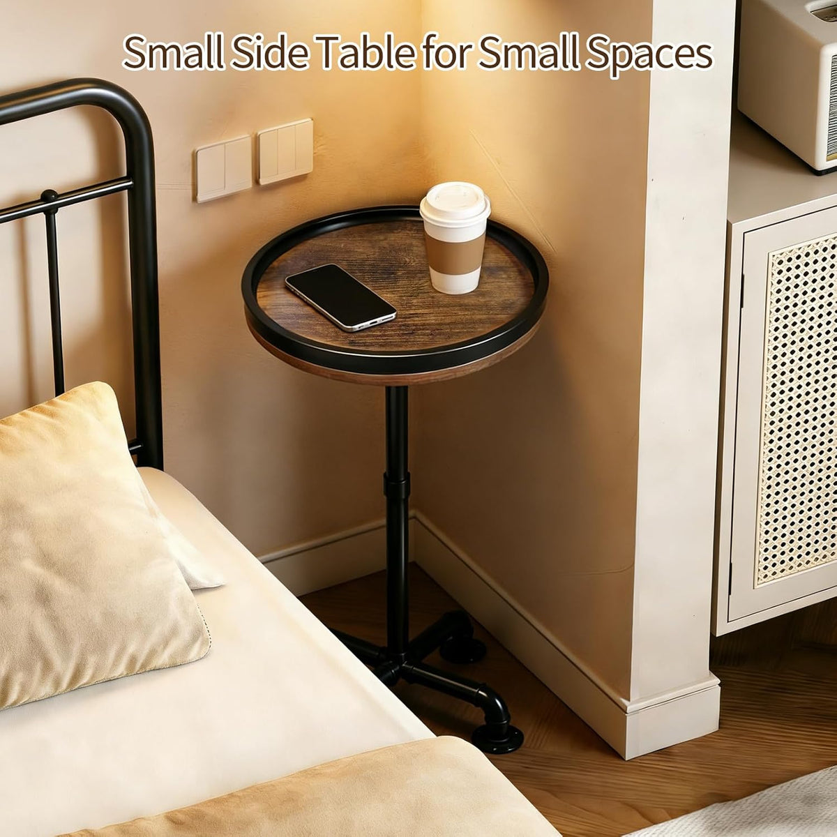Small Round Side Table for Small Spaces, Pedestal Drink Table with Non-Slip Feet, Martini Table No-Tool Assembly for Living Room, Bedroom, Narrow Corners, Sofa, Bathroom