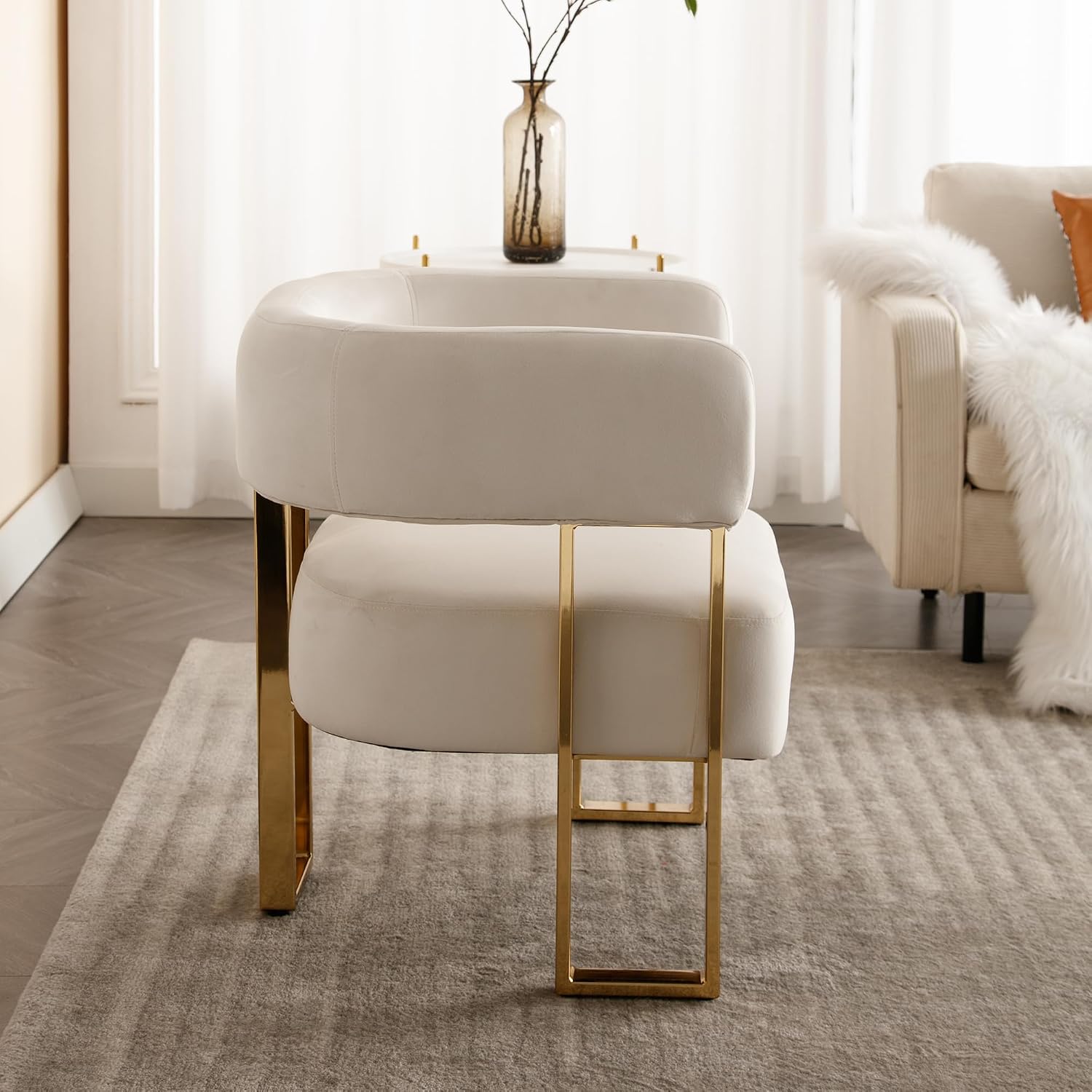 Barrel Accent Chair, Living Room Side Chair with Golden Metal Legs, Soft Velvet Upholstered Reading Armchair for Bedroom, Modern Club Chair for Reception Room/Lounge/Office, Ivory