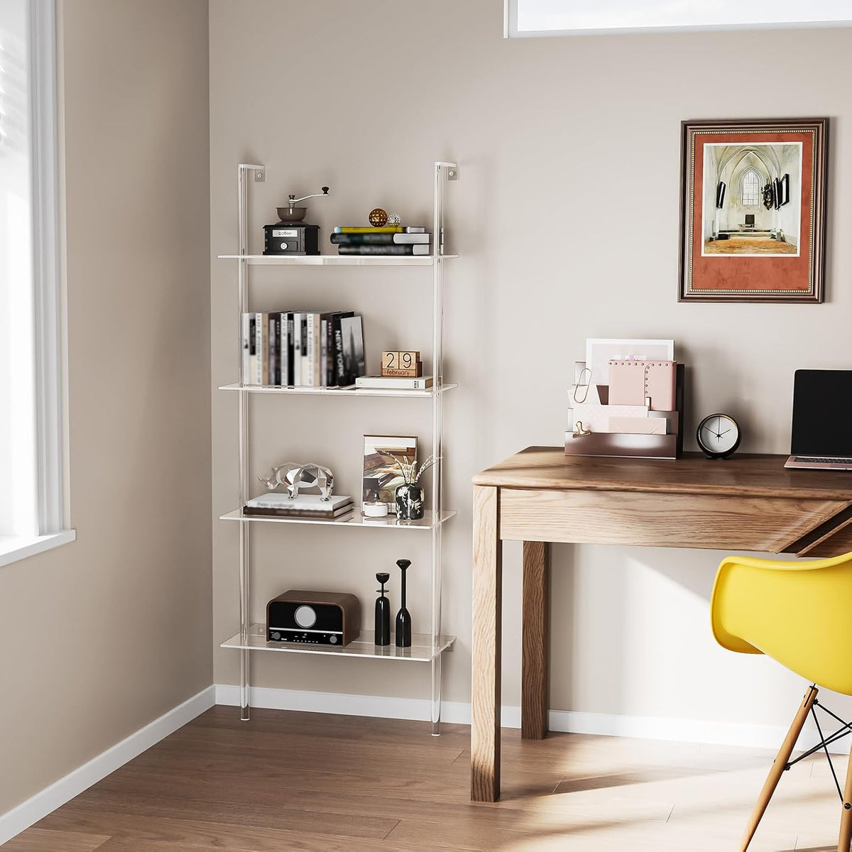 Acrylic Ladder Bookshelf, 4-Tier Clear Wall Mounted Bookshelf with Open Shelves, Multipurpose Bookcase for Living Room, Bathroom, Office, Modern, 11.6" D x 23.4" W x 59.4" H