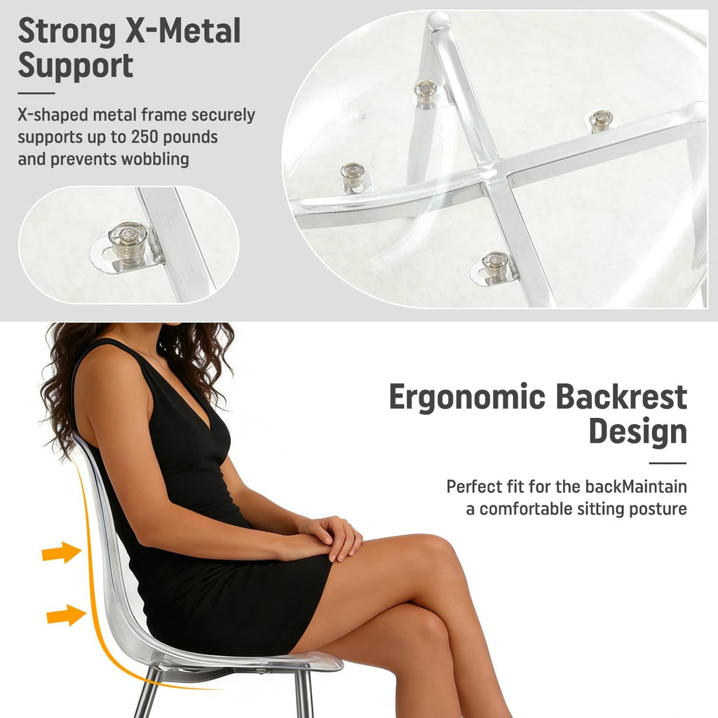 Round Dining Table Set for 6, 47" Clear Tempered Glass Table with Sliver Metal Legs and 6 Transparent Acrylic Chairs, Compact Modern Kitchen Table Set for Small Space Dining Room (Sliver)