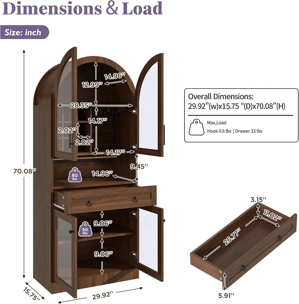 Merax 70" Tall Arched Farmhouse Pantry Cabinet with Glass Doors, Walnut | Mid-Century Kitchen Storage Cupboard with 9 Wine Racks, Adjustable Shelf, and Large Drawer for Coffee Bar, Liquor Storage