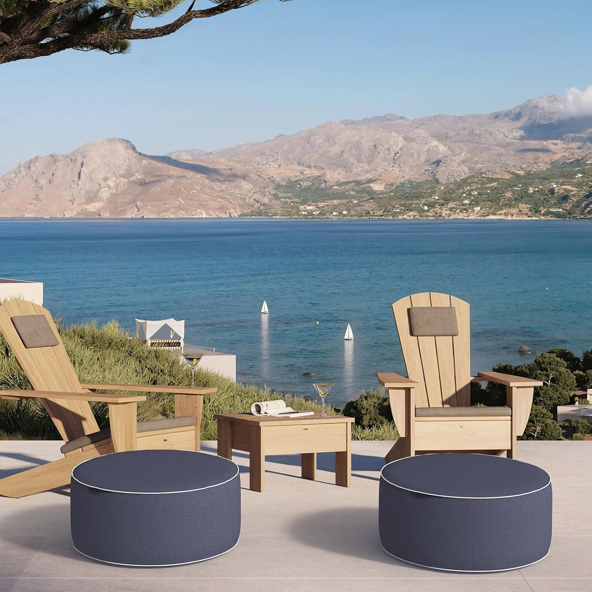 DYTXIII Inflatable Ottoman Stool D21 xH9 for Outdoor/Indoor Use, Water Repellent Patio Foot Rest Stool with Portable Handle,Round Pouf Ottoman Suitable for Garden,Deck and Camping - Textured Navy