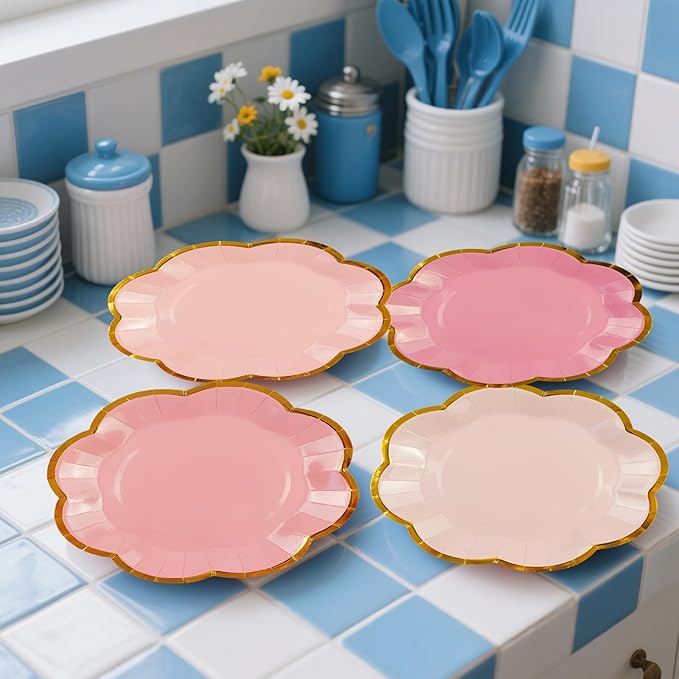 48Pcs Light Pink Scalloped Party Plates - 7inch Gold Foil Gradient Pink Dessert Paper Plate Disposable Cake Plates for Birthday Bridal Baby Shower Wedding Party Decorative Supplies