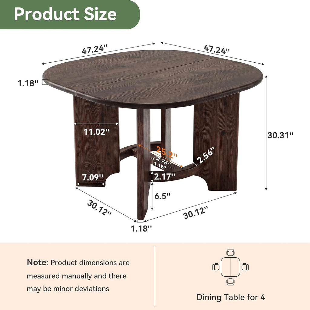 Solid Wood Square Dining Table for 4, 47.24-Inch Farmhouse Kitchen Dinner Table, Sturdy Rustic Dining Room Furniture, Table Only, Walnut