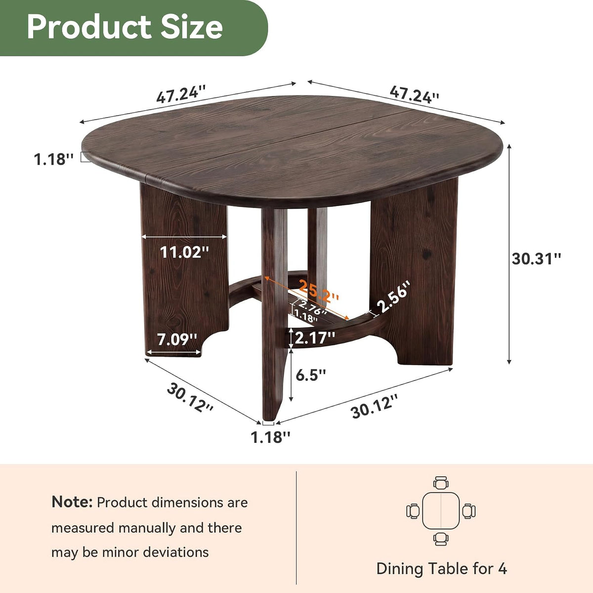 Solid Wood Square Dining Table for 4, 47.24-Inch Farmhouse Kitchen Dinner Table, Sturdy Rustic Dining Room Furniture, Table Only, Walnut