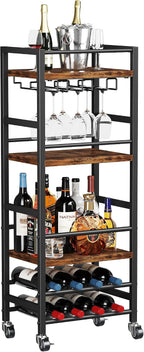 Homeiju Small Bar Cart with 5-Tier Shelf, Mobile Kitchen Shelf with Wine Rack and Glass Holder, Mini Bar Cart for Small Spaces, Rustic Brown