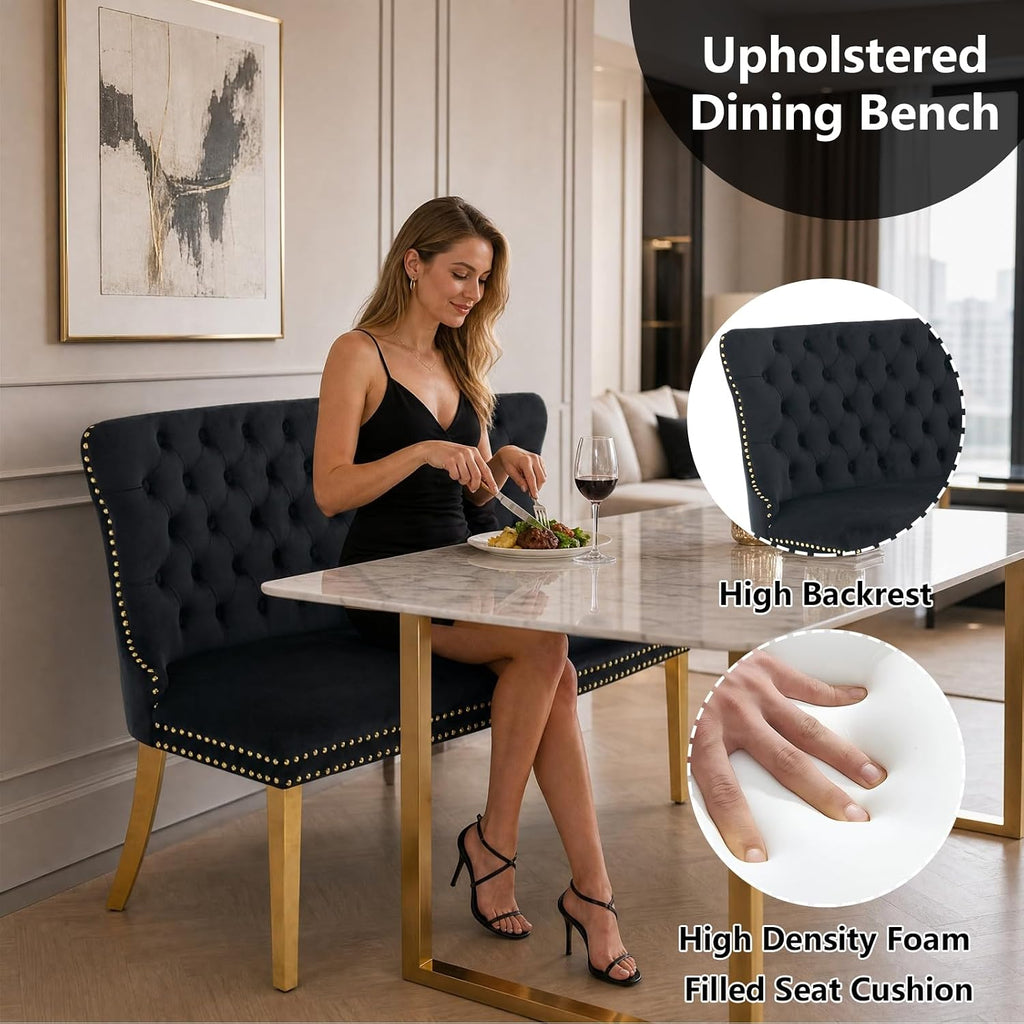 Velvet Dining Loveseat Bench with Wing Back, 2-Seat Tufted Bench with Gold Stainless Steel Legs, Mid-Century Modern Dining Bench with Back, Indoor Velvet Bench for Kitchen, Dining Room, Entryway