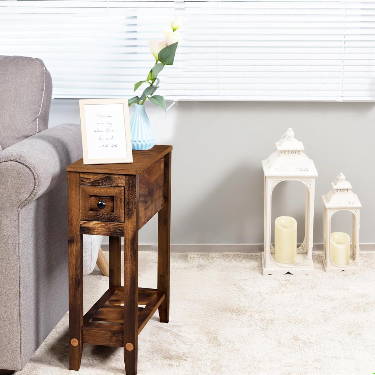 Chairside Table with Charger,Cherry End Table with Movable Top and Charging Station, Narrow Side Table with Storage Cabinet and USB, Sofa Table for Living Room Bedroom