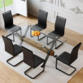 71" Glass Dining Table Set for 6, Modern Dining Table Set for 6, 0.4" Thick Tempered Glass Tabletop with Matte Black Metal Legs and Wooden Crossbar, 6 PU Chairs for Dining Room, Kitchen