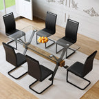 71" Glass Dining Table Set for 6, Modern Dining Table Set for 6, 0.4" Thick Tempered Glass Tabletop with Matte Black Metal Legs and Wooden Crossbar, 6 PU Chairs for Dining Room, Kitchen
