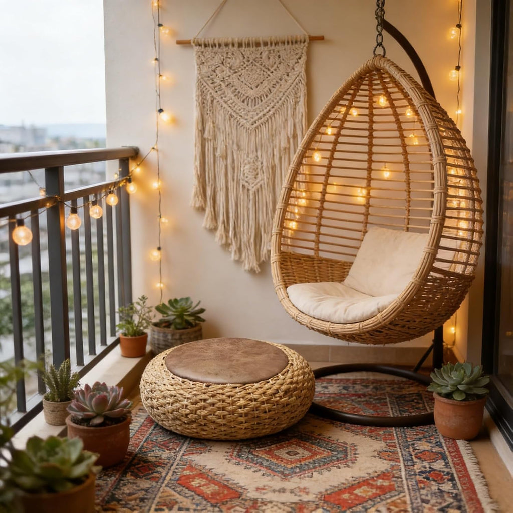 Round Straw Knitted Pouf, Foot Stool Leather Roof Steel Frame Stuffed Futon,for The Living Room Bedroom and Outdoor Seat(50cm/19.6in)