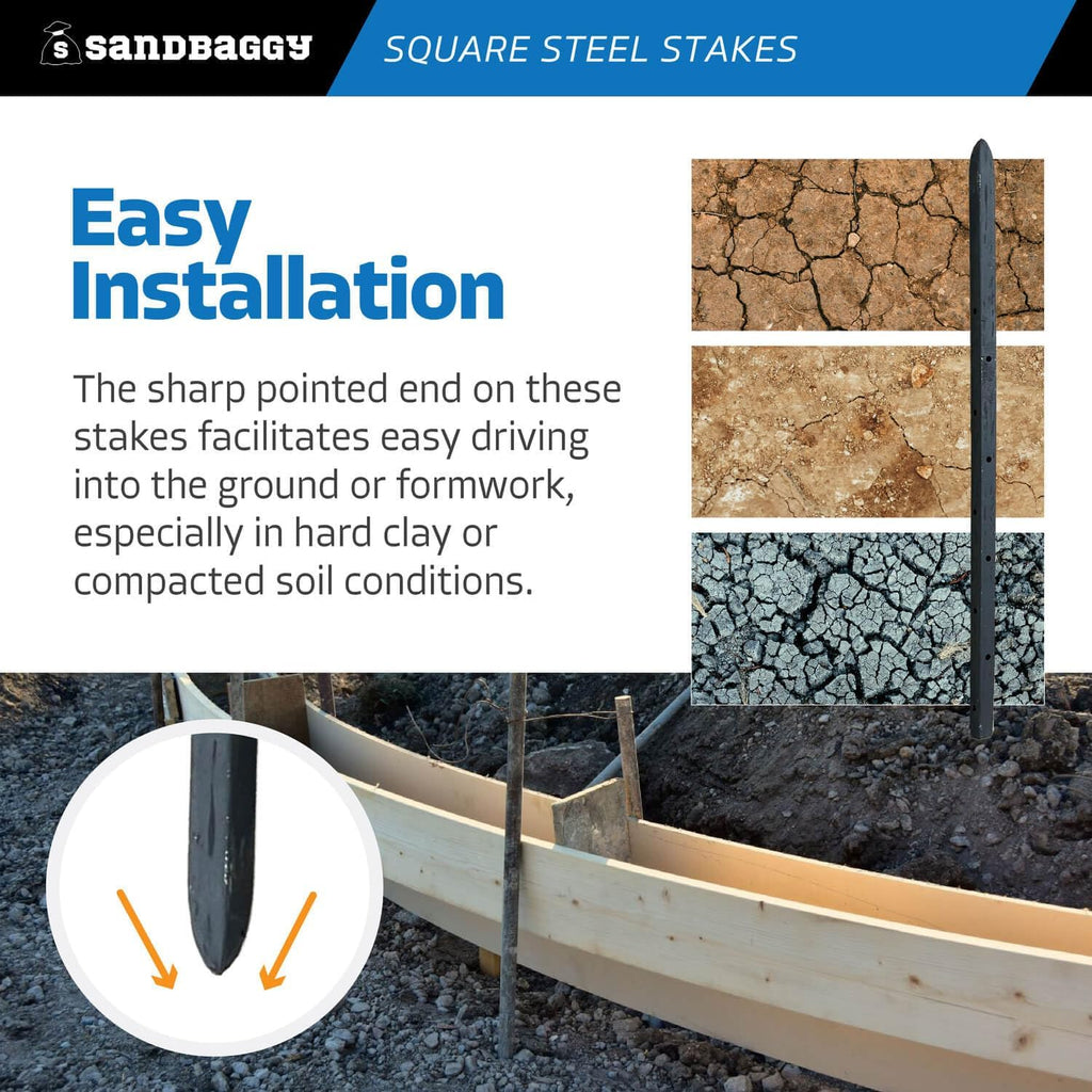 Sandbaggy Square Steel Concrete Form Stakes with Nail Holes - 5/8" Wide - Rust Resistant Coating - Removable, Reusable - Construction Grade Stakes (12 inch, 20)