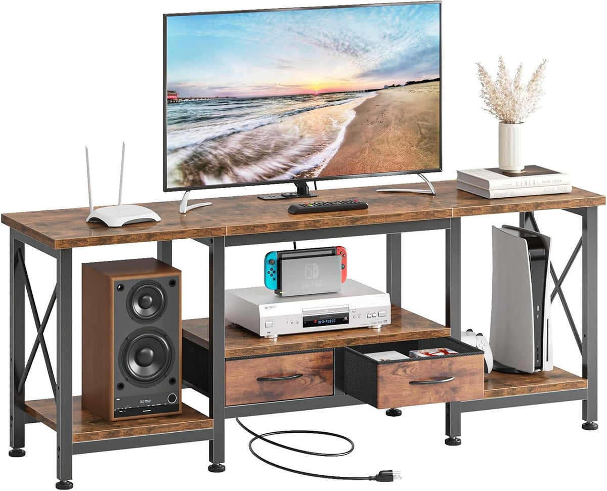 DUMOS 55" TV Stand with Fabric Drawers for 55 60 65 Inches TV | Entertainment Center and Industrial TV Console Table with Open Storage Shelves for Living Room, Bedroom, Rustic Brown