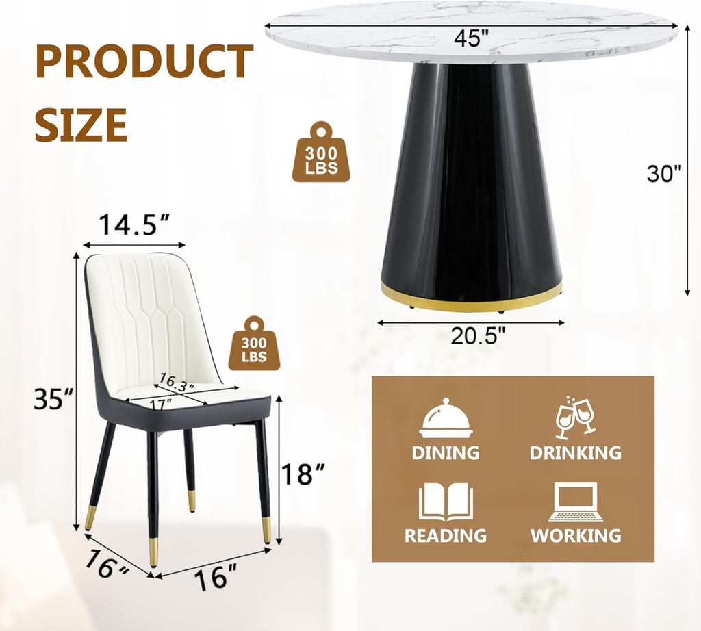 Round Dining Table Set for 4, 45''Marble Grain Dining Room Table Set for 4 with Upholstered Chairs, Modern Dinner Table Set for Kitchen Dining Room