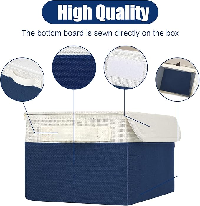 Small 8 Quart Linen Fabric Foldable Storage Bin Cube Organizer Basket with Lid & Handles, Collapsible Decorative Box Container for Home, Dorm, Closet (Navy Blue & White, 10"x8"x6", 6-Pack)