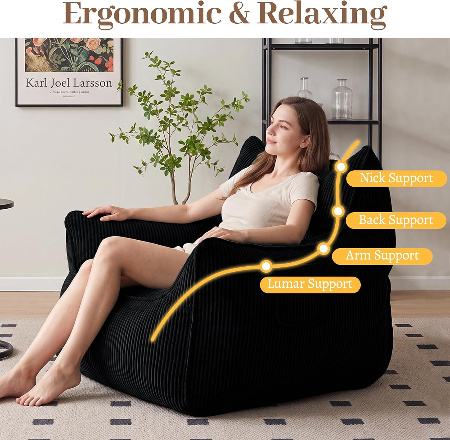 Vipbear Bean Bag Chair for Adults, Chair with Memory Foam | 35.5" Corduroy Beanbag Washable, Cozy Fluffy Chair with Pocket & Handle, Ergonomic Bedroom Sofa Chair for Gaming, Reading