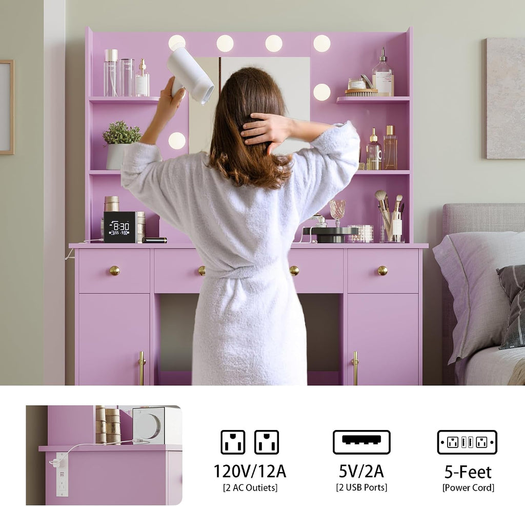 Wodeer Makeup Vanity Desk with Mirror and Lights, 43" Purple Vanity Set with 3 Drawers, Power Outlet & Adjustable RGB LED Lights, Dressing Table with Storage Shelf for Women & Girls Bedroom