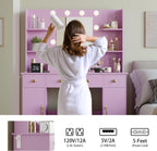 Wodeer Makeup Vanity Desk with Mirror and Lights, 43" Purple Vanity Set with 3 Drawers, Power Outlet & Adjustable RGB LED Lights, Dressing Table with Storage Shelf for Women & Girls Bedroom